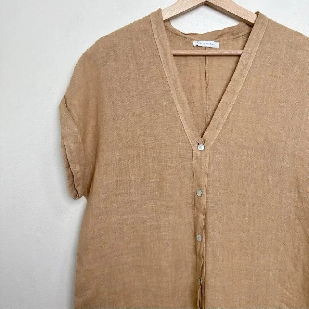 Made  In Italy Womens Medium Linen Vneck Button Tan Romper - Picture 5 of 13